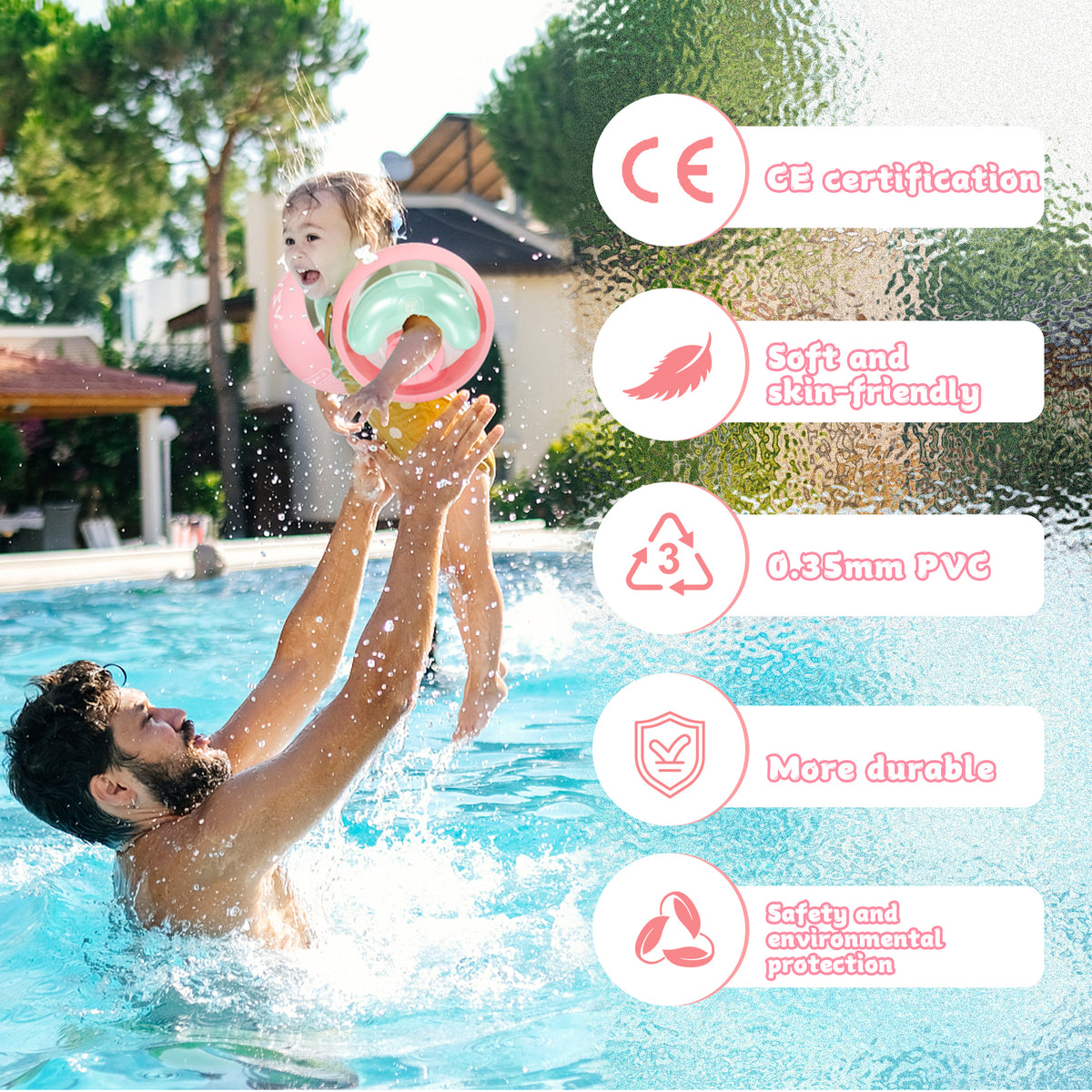 WYRIAZA Toddler Arm Floaties Pink (1-6 years),  Swimming Floaties for Kids with 3 Airbags Fits 13-44 lbs