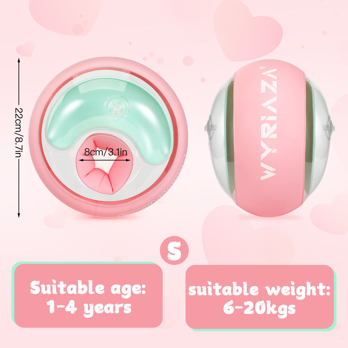 WYRIAZA Toddler Arm Floaties Pink (1-6 years),  Swimming Floaties for Kids with 3 Airbags Fits 13-44 lbs