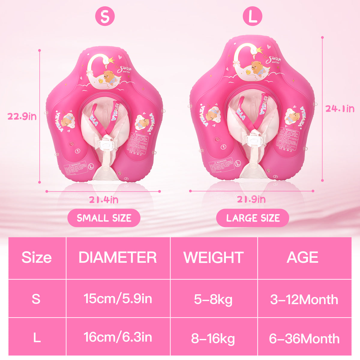 Bouée de natation premium pour bébé WYRIAZA - Magenta clair (avec pare-soleil UPF 50+)