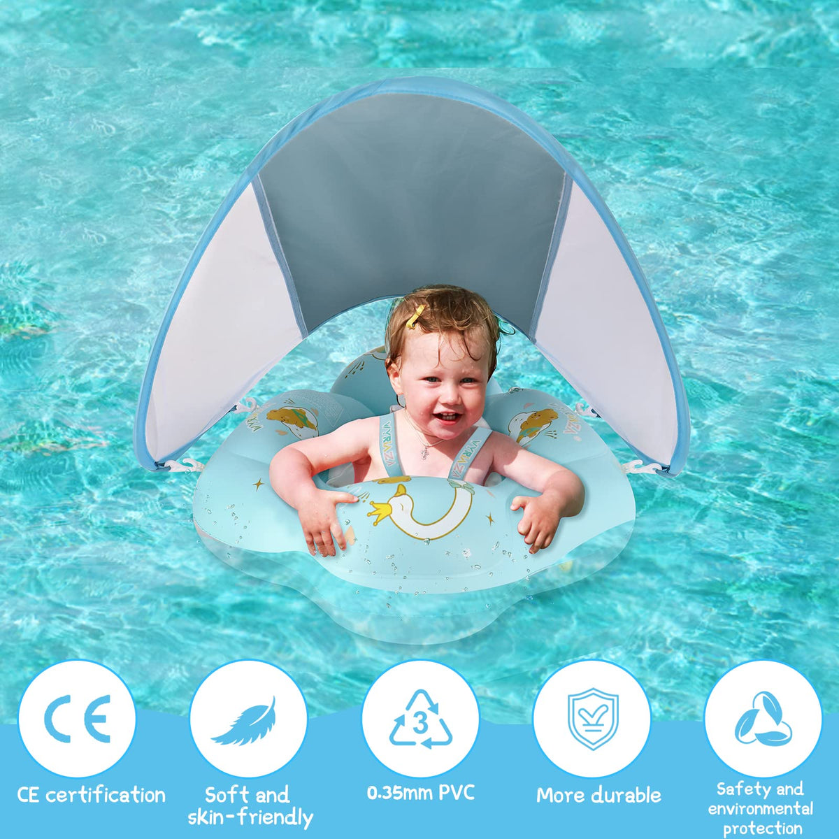 WYRIAZA Premium Baby-Schwimmring – Ozeanblau (mit LSF 50+ Sonnendach)